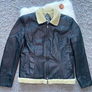 Vintage Black Leather Jacket with Cream Accents